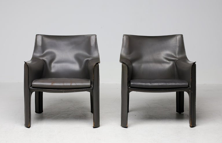 Pair of Early Elephant Hide Grey Cassina Cab 414 Lounge Chairs by Mario Bellini - Image 2