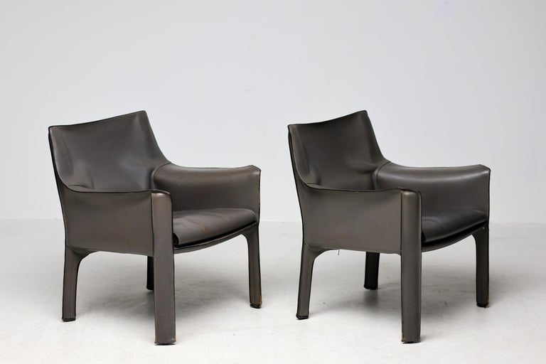 Pair of Early Elephant Hide Grey Cassina Cab 414 Lounge Chairs by Mario Bellini - Image 10