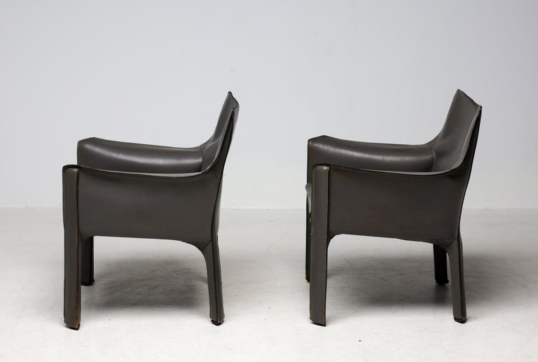 Pair of Early Elephant Hide Grey Cassina Cab 414 Lounge Chairs by Mario Bellini - Image 12