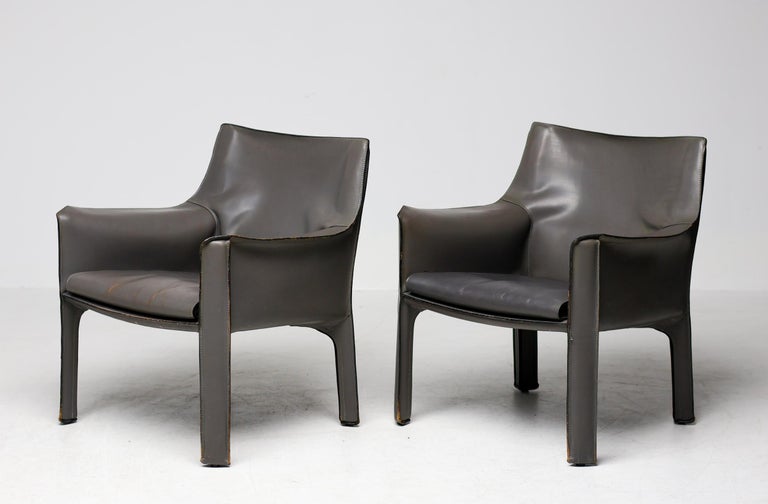 Pair of Early Elephant Hide Grey Cassina Cab 414 Lounge Chairs by Mario Bellini - Image 3