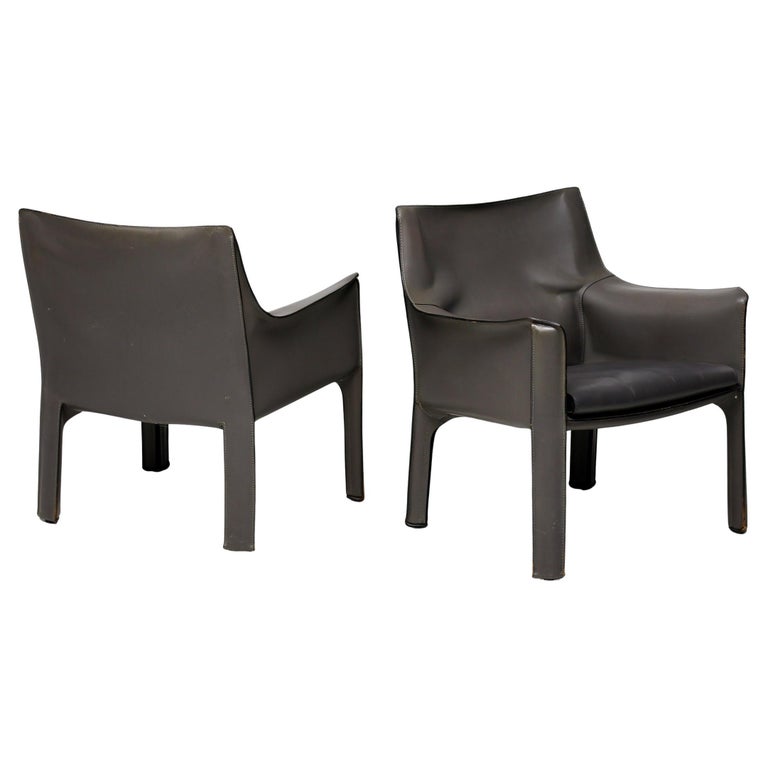 Pair of Early Elephant Hide Grey Cassina Cab 414 Lounge Chairs by Mario Bellini