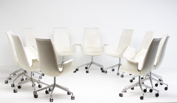 Nine White Leather High Back Bird Chairs on Wheels by Fabricius & Kastholm - Image 11