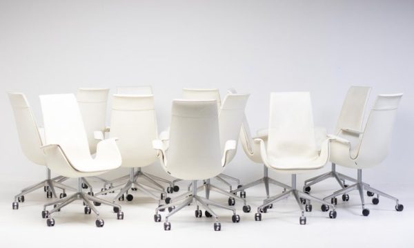 Nine White Leather High Back Bird Chairs on Wheels by Fabricius & Kastholm - Image 13