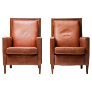Pair of Art Deco Arm Chairs in Brown Leather and Teak, Netherlands, 1970s
