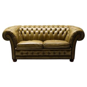 Vintage Mid Century Olive Green Leather Chesterfield Sofa, England, 1960s