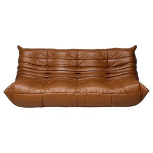 Ligne Roset Togo by Michel Ducaroy Three-Seater Sofa in Saddle Brown Leather