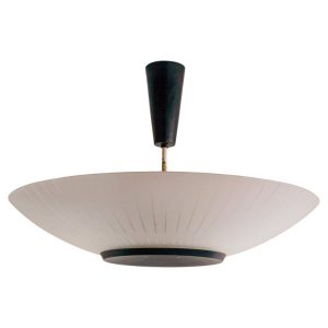 Monumental Louis Kalff Pendant: Perforated Enamel & Etched Glass, 1955