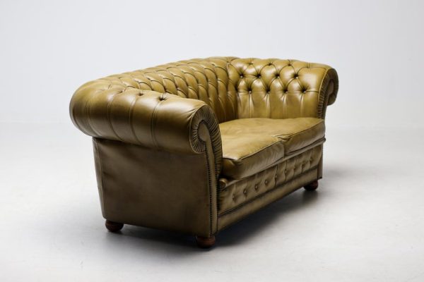 Vintage Mid Century Seafoam Green Leather Chesterfield Sofa - Image 6